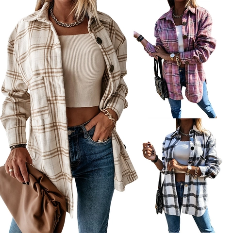 Dames Geruit Shacket Lange Mouw Button Down Overhemdjas Oversized Wollen-look Flanellen Bovenkleding Met Borstzakken