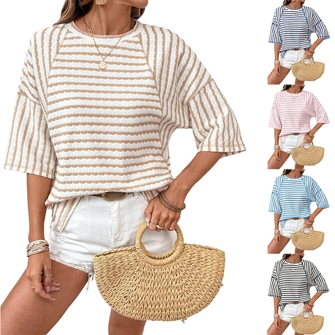 Women Casual Striped Short Sleeve T-Shirt Loose Round Neck Viscose Blend Summer Textured Fabric Slit Side Pullover Top