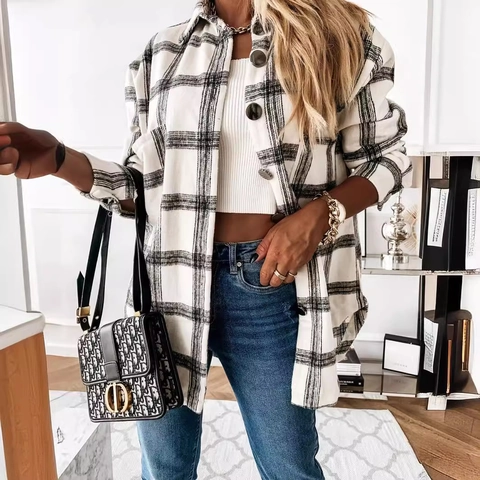 Dames Geruit Shacket Lange Mouw Button Down Overhemdjas Oversized Wollen-look Flanellen Bovenkleding Met Borstzakken