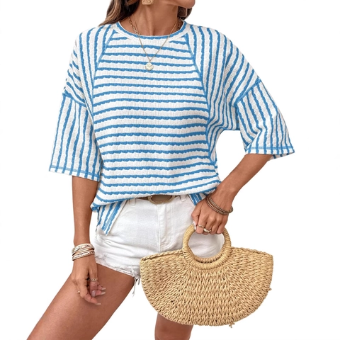 Women Casual Striped Short Sleeve T-Shirt Loose Round Neck Viscose Blend Summer Textured Fabric Slit Side Pullover Top