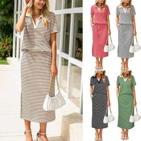 Women Casual Striped Top And Midi Skirt Outfit Polo V Neck Short Sleeve Shirt Matching Apparel For Daily Holiday Wear