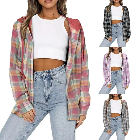 Women Casual Hooded Plaid Shirt Jacket Button Down Long Sleeve Loose Fit Cotton Blend Checkered Blouse Shacket Top