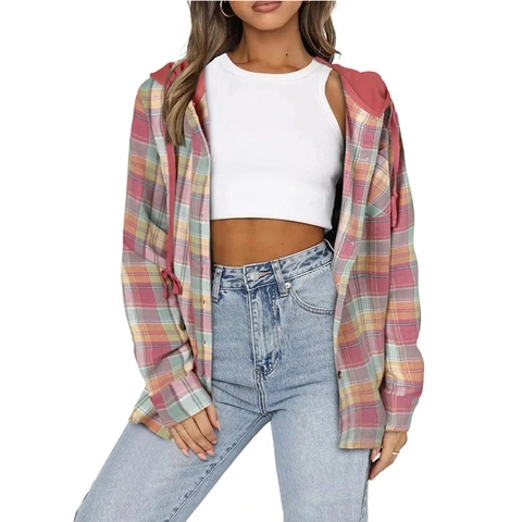 Women Casual Hooded Plaid Shirt Jacket Button Down Long Sleeve Loose Fit Cotton Blend Checkered Blouse Shacket Top