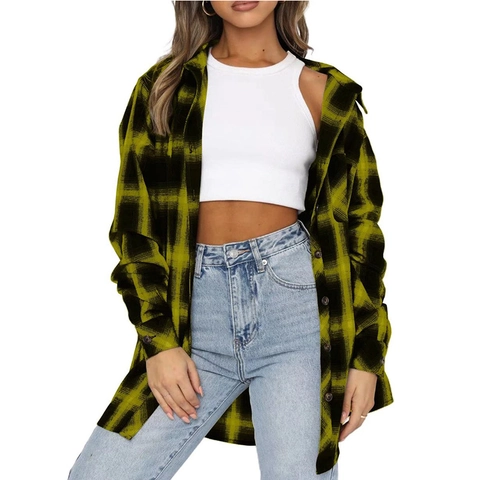 Camicia di Flanella a Quadri Casual da Donna Manica Lunga con Bottoni Risvolto Camicetta Larga Giacca a Quadri Top per Streetwear