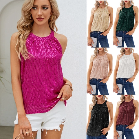 Top a Fascia con Paillettes da Donna Senza Maniche Lucido Scintillante Party Canotta Clubwear Disco Gilet Camicetta Moda