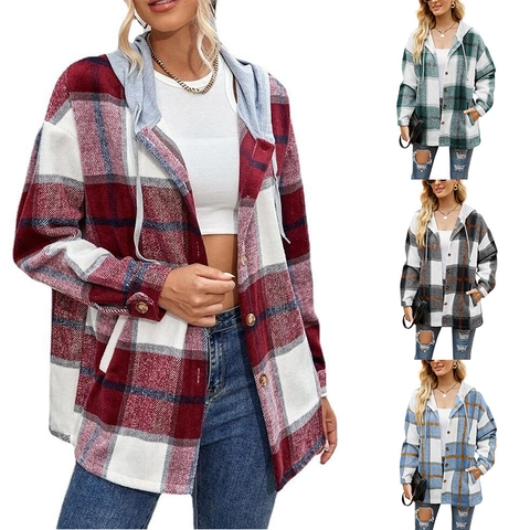Women's Hooded Plaid Shacket Jacket Long Sleeve Button Down Brushed Flannel Coat With Pockets Casual Autumn Winter Outerwear