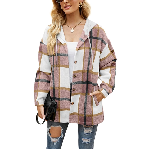 Women's Hooded Plaid Shacket Jacket Long Sleeve Button Down Brushed Flannel Coat With Pockets Casual Autumn Winter Outerwear