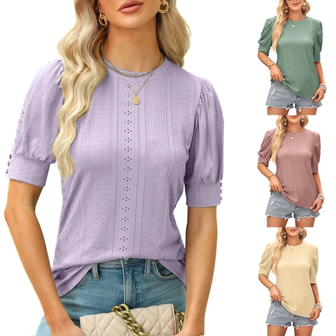Women's Summer Short Puff Sleeve T-Shirt Round Neck Eyelet Hollow Out Knit Top With Button Detail Casual Fashion Tee