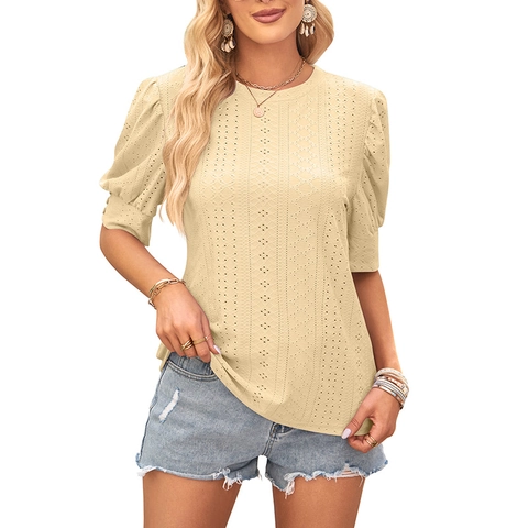 Women's Summer Short Puff Sleeve T-Shirt Round Neck Eyelet Hollow Out Knit Top With Button Detail Casual Fashion Tee