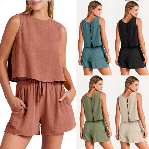 Completi Donna in Misto Lino Top Crop Senza Maniche Girocollo E Pantaloncini Vita Alta Con Coulisse E Tasche Estate Casual Vacanza