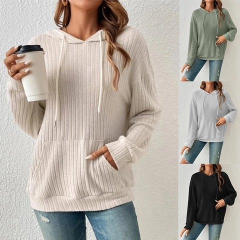 Women Ribbed Knit Long Sleeve Hoodie Casual Loose Drawstring Sweatshirt With Kangaroo Pocket Solid Color Fall Fashion Top