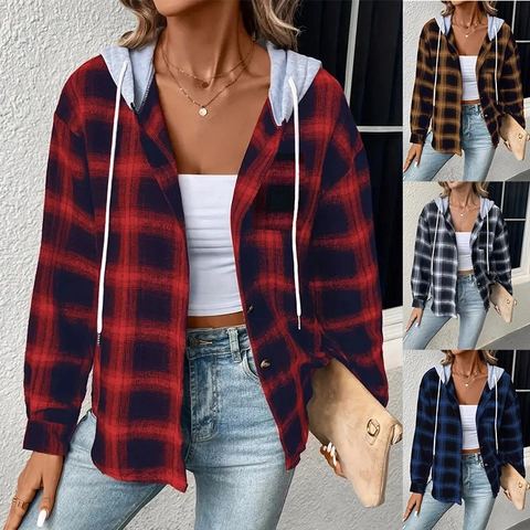 Women Casual Plaid Hooded Shirt Jacket Polyester Long Sleeve Button Down Blouse Top Autumn Winter Fashion Streetwear Outerwear
