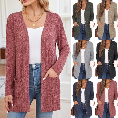 Dames Lange Mouwen Geribbelde Gebreide Vest V-Hals Single-breasted Losse Trui Jas Met Zakken Effen Kleur Zachte Casual Outwear