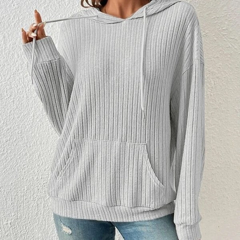 Women Ribbed Knit Long Sleeve Hoodie Casual Loose Drawstring Sweatshirt With Kangaroo Pocket Solid Color Fall Fashion Top