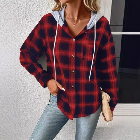 Women Casual Plaid Hooded Shirt Jacket Polyester Long Sleeve Button Down Blouse Top Autumn Winter Fashion Streetwear Outerwear