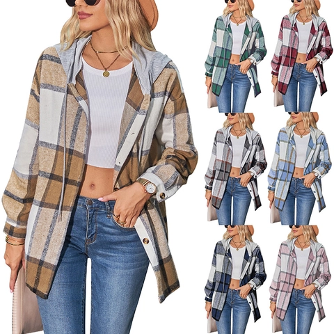 Lässige Karo Kapuzenhemdjacke Polyester Einreihig Langarm Shacket Mit Kordelzug Kapuze Übergroße Herbstoberbekleidung
