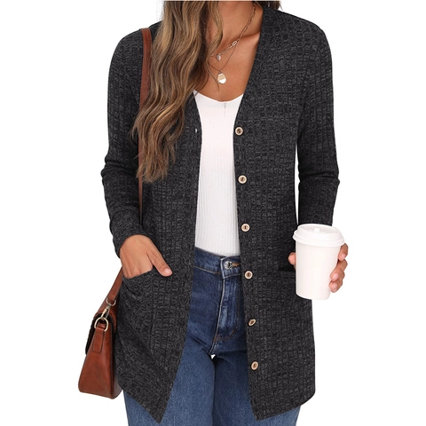 Dames Lange Mouwen Geribbelde Gebreide Vest V-Hals Single-breasted Losse Trui Jas Met Zakken Effen Kleur Zachte Casual Outwear