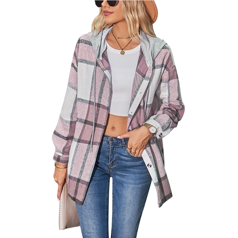 Lässige Karo Kapuzenhemdjacke Polyester Einreihig Langarm Shacket Mit Kordelzug Kapuze Übergroße Herbstoberbekleidung