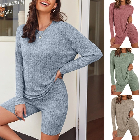Women Casual Ribbed Knit Two Piece Set Round Neck Long Sleeve Top And High Waist Biker Shorts Lounge Outfit