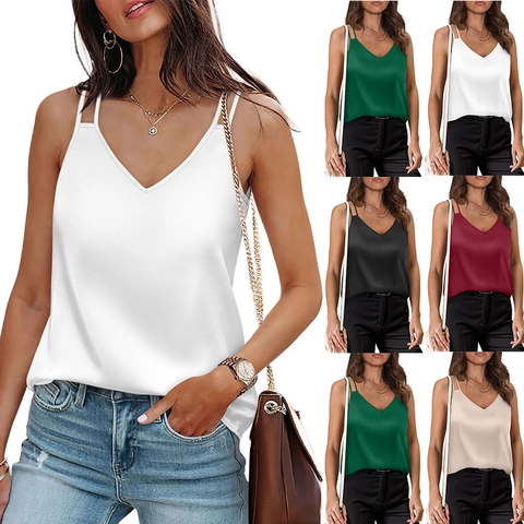 Women V Neck Satin Camisole Double Straps Loose Sleeveless Tank Top Casual Summer Solid Color Elegant Fashion Sexy Top