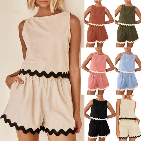 Women Casual Two Piece Set Scalloped Trim Sleeveless Round Neck Top And Bottom Shorts Cotton Summer Holiday Outfit