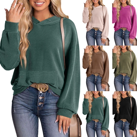 Women Casual Ribbed Knit Hoodie Loose Long Sleeve Sweatshirt With Kangaroo Pocket Solid Color Drop Shoulder Fall Top