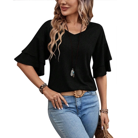 Women's Casual V Neck Ruffle Sleeve T-Shirt Loose Tiered Short Sleeve Summer Top Rayon Polyester Solid Color Bohemian Tee