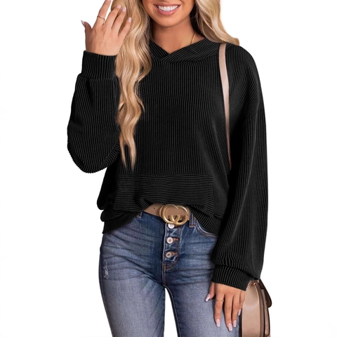 Women Casual Ribbed Knit Hoodie Loose Long Sleeve Sweatshirt With Kangaroo Pocket Solid Color Drop Shoulder Fall Top