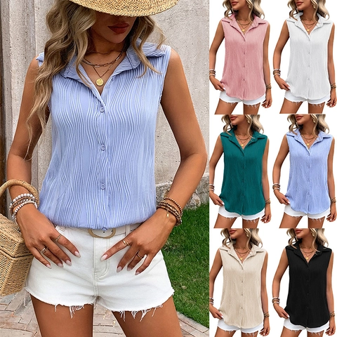 Blusa Sin Mangas Casual para Mujer Con Botones Verano Textura Plisada Cuello de Camisa Holgada Color Sólido Camiseta