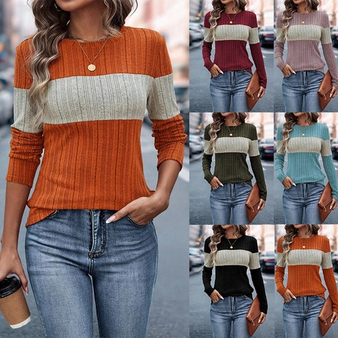 Maglietta a Maniche Lunghe da Donna Casual con Blocchi di Colore in Maglia a Costine Girocollo Patchwork in Misto Rayon