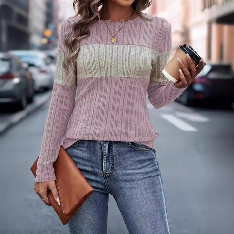 Maglietta a Maniche Lunghe da Donna Casual con Blocchi di Colore in Maglia a Costine Girocollo Patchwork in Misto Rayon