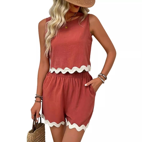Γυναικείο Casual Καλοκαιρινό Αμάνικο Crop Top Με Στρογγυλή Λαιμόκοψη Και Σορτς Με Ελαστική Μέση Και Κυματιστό Τελείωμα