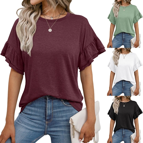 T-Shirt Décontracté pour Femmes Couleur Unie Manches Courtes à Volants Col Rond Coupe Ample Mode Été Tee Doux Élégant Respirant