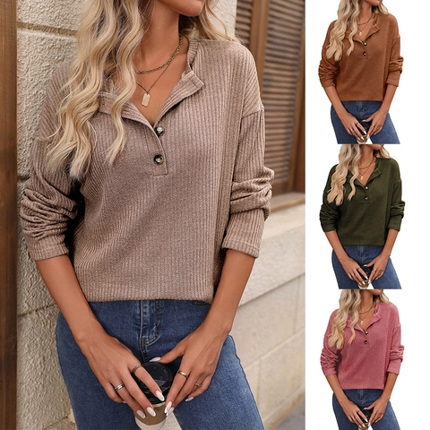 Women's Casual Ribbed Knit Henley T-Shirt Long Sleeve Button Down V Neck Loose Fit Stretchy Rayon Polyester Fall Top
