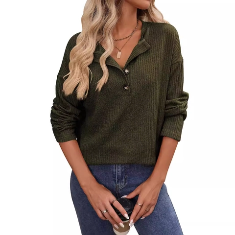 Women's Casual Ribbed Knit Henley T-Shirt Long Sleeve Button Down V Neck Loose Fit Stretchy Rayon Polyester Fall Top