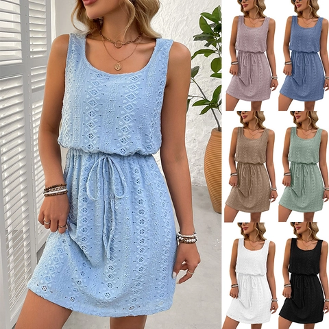 Women Sleeveless Square Neck Hollow Out Lace Dress Casual Summer Boho Drawstring Waist Mini Dress Solid Color