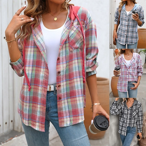 Women's Casual Oversized Plaid Hooded Shirt Long Sleeve Button Down Drawstring Shacket Top With Pocket