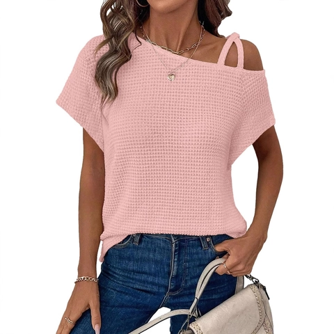 Maglietta Donna in Maglia a Nido d'Ape con Spalle Scoperte Collo Asimmetrico Doppie Spalline Manica Corta Top Casual
