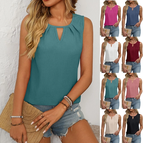Women Summer Sleeveless Keyhole Round Neck Pleated Tank Top Casual Solid Color Polyester Basic T-Shirt Vest Top
