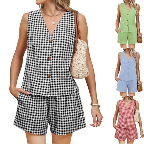 Dames Casual Ruitpatroon Vest En Shorts Vakantie Outfit V-Hals Knoop Top Hoge Taille Zak Zomer Kleding