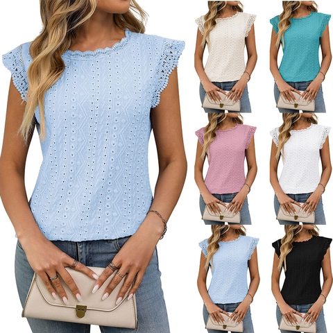 Damen Casual Rundhals Spitze Patchwork Lochstickerei T-Shirt Süß Flügelärmel Polyester Elasthan Sommer Top