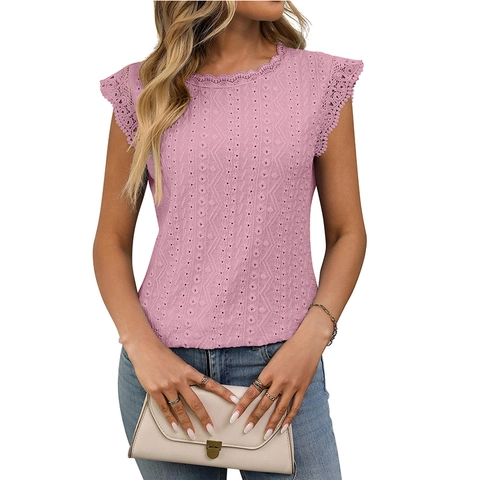 Damen Casual Rundhals Spitze Patchwork Lochstickerei T-Shirt Süß Flügelärmel Polyester Elasthan Sommer Top