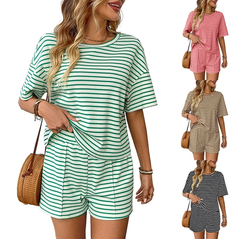 Women's Casual Knit Stripe Two Piece Outfits Round Neck Short Sleeve Top And High Waist Shorts Set Vacation Lounge Wear