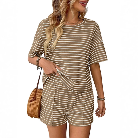 Women's Casual Knit Stripe Two Piece Outfits Round Neck Short Sleeve Top And High Waist Shorts Set Vacation Lounge Wear