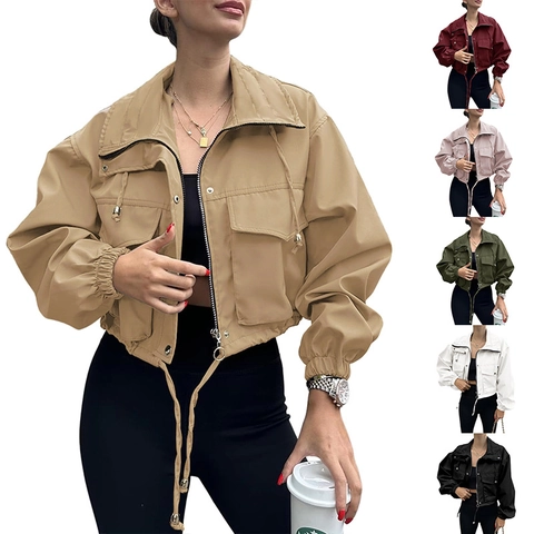 Women Casual Solid Color Short Cargo Jacket Windbreaker With Zipper Pockets Drawstring Hem Loose Outerwear For Autumn
