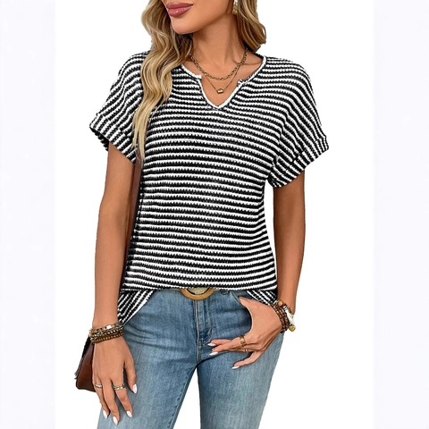 Dames Casual V-hals Gestreepte Korte Mouwen T-Shirt Losse Pullover Wafeltextuur Zomer Mode Streetwear Tops