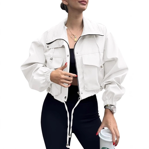 Women Casual Solid Color Short Cargo Jacket Windbreaker With Zipper Pockets Drawstring Hem Loose Outerwear For Autumn