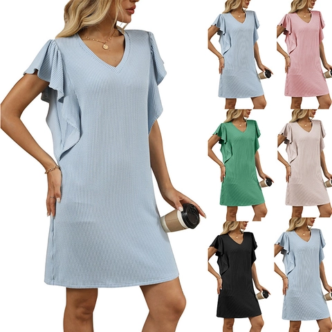 Women Casual V Neck Ruffle Sleeve Ribbed Midi Dress Summer A Line Solid Color Viscose Polyester Knit Dress