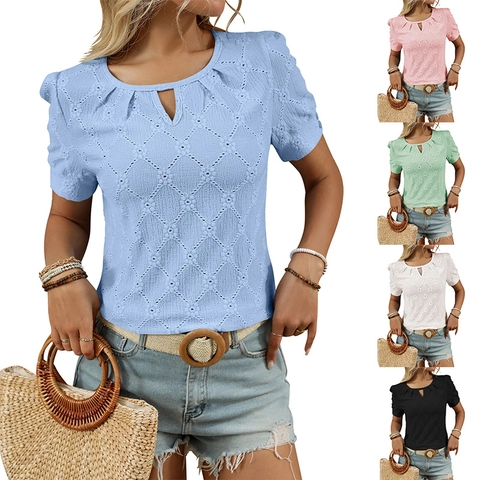 Women Summer Short Sleeve T-Shirt Keyhole Neck Diamond Eyelet Hollow Out Casual Boho Top Solid Color Cotton Blend Blouse