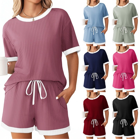 Women Cotton Blend Ribbed Pajama Set Contrast Binding Short Sleeve Top And Bottom Lounge Wear Sleepwear